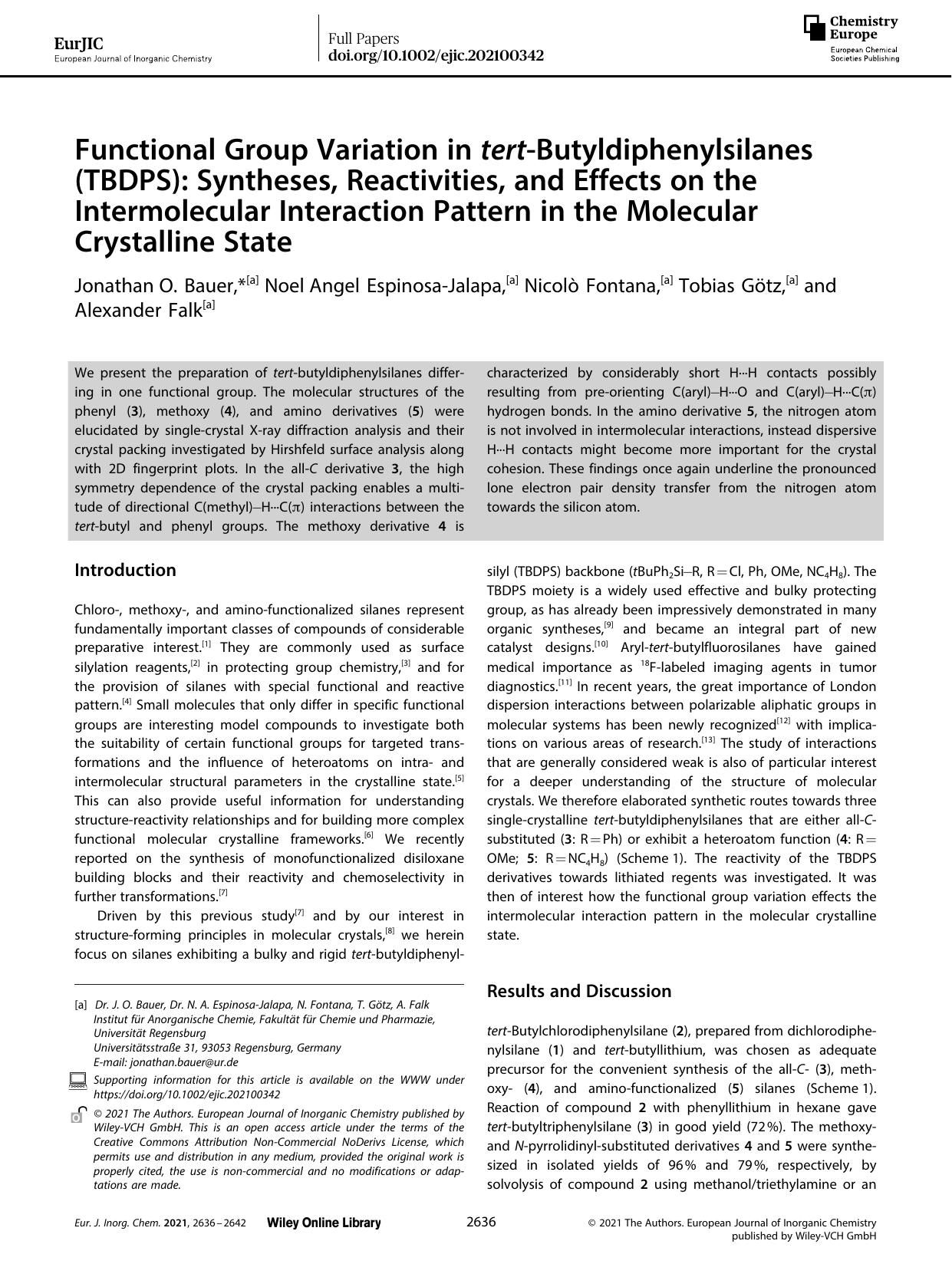 Functional Group Variation in tertâButyldiphenylsilanes (TBDPS): Syntheses, Reactivities, and Effects on the Intermolecular Interaction Pattern in the Molecular Crystalline State by Unknown