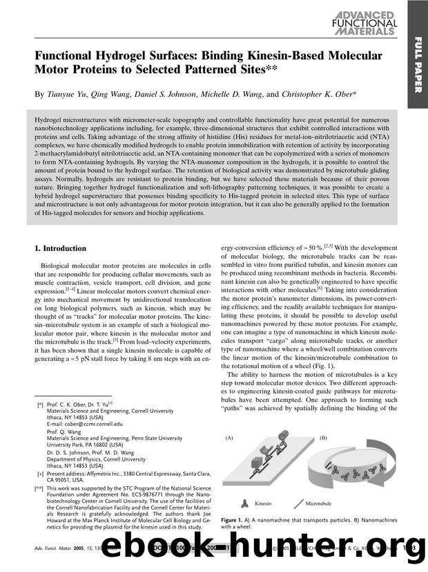Functional Hydrogel Surfaces: Binding Kinesin-Based Molecular Motor Proteins to Selected Patterned Sites by Unknown