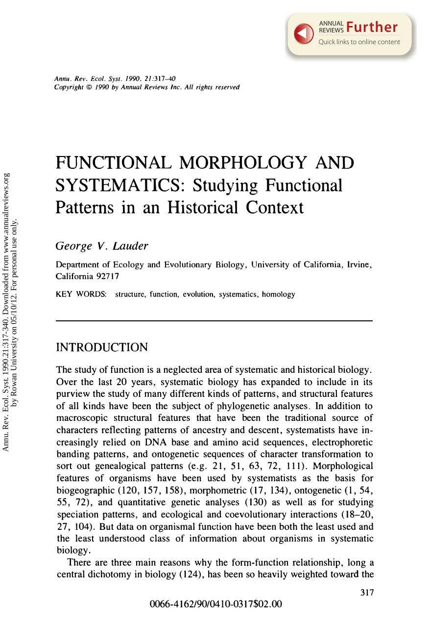 Functional Morphology and Systematics: Studying Functional Patterns in an Historical Context by G V Lauder