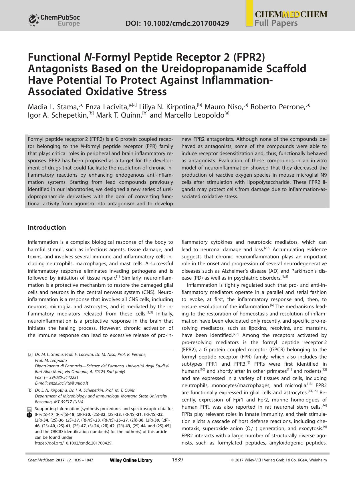 Functional NâFormyl Peptide Receptorâ2 (FPR2) Antagonists Based on the Ureidopropanamide Scaffold Have Potential To Protect Against InflammationâAssociated Oxidative Stress by Unknown