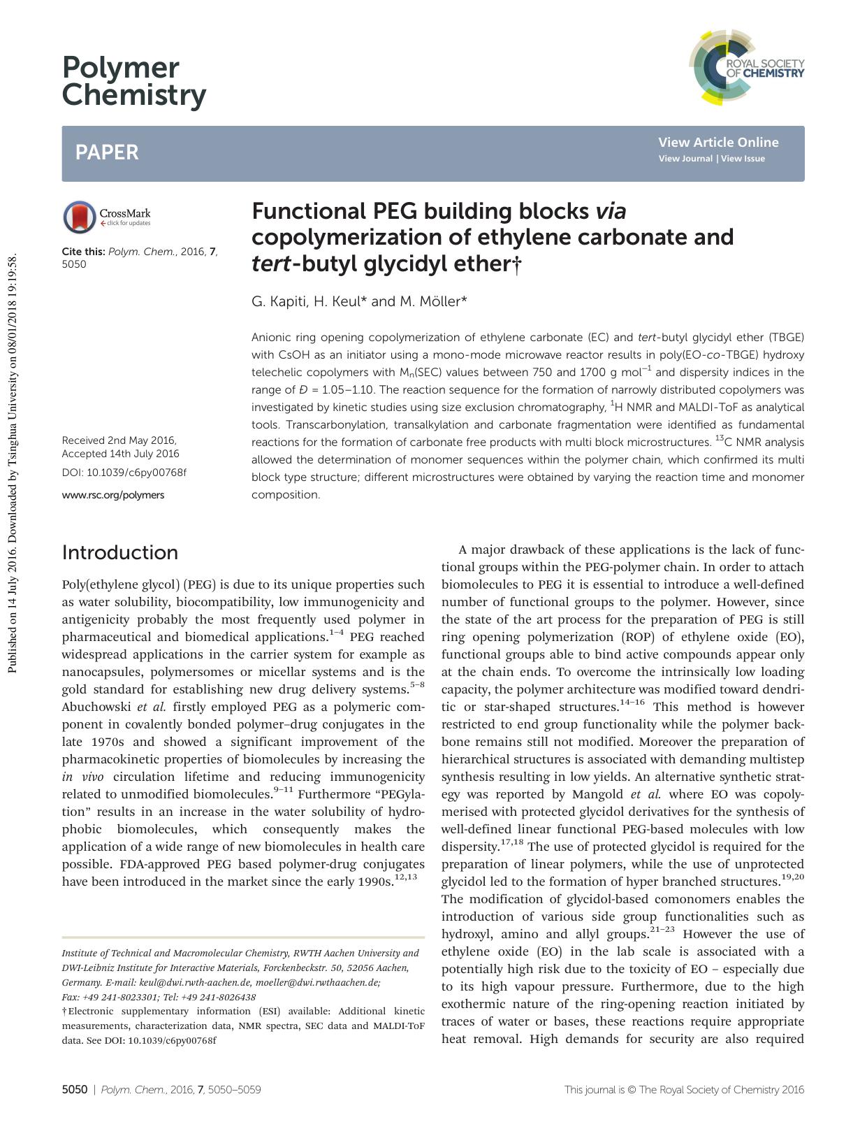 Functional PEG building blocks via copolymerization of ethylene carbonate and tert-butyl glycidyl ether by G. Kapiti H. Keul M. Möller