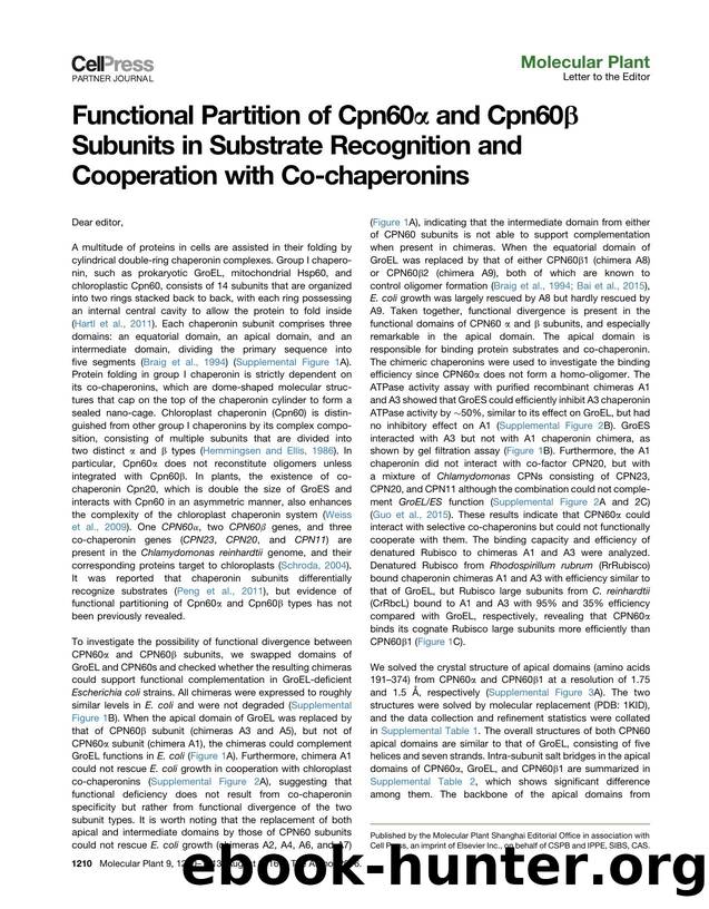 Functional Partition of Cpn60&alpha; and Cpn60&beta; Subunits in Substrate Recognition and Cooperation with Co-chaperonins by Shijia Zhang & Huan Zhou & Feng Yu & Feng Gao & Jianhua He & Cuimin Liu
