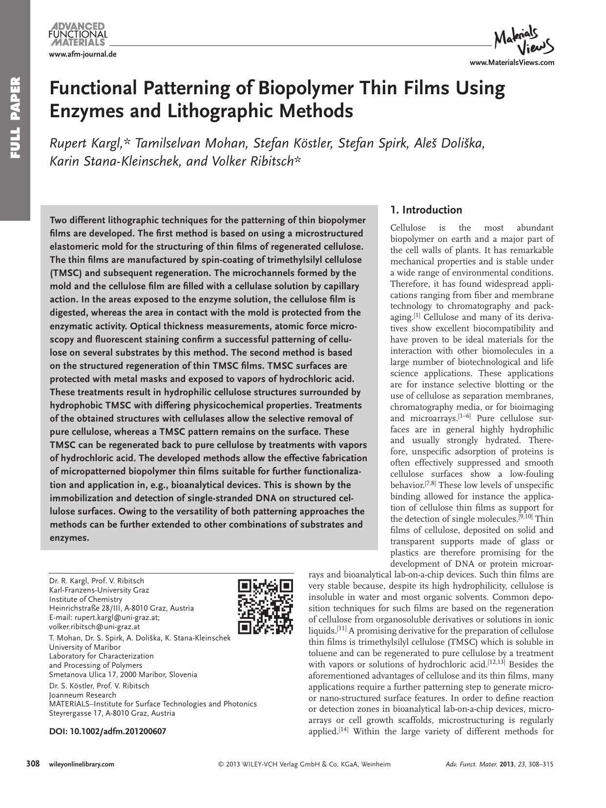 Functional Patterning of Biopolymer Thin Films Using Enzymes and Lithographic Methods by vng