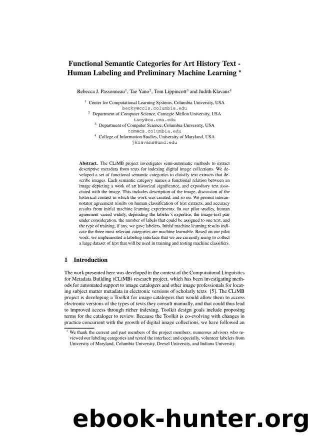 Functional Semantic Categories for Art History Text - Human Labeling and Preliminary Machine Learning by Rebecca J. Passonneau Tae Yano Tom Lippincott and Judith Klavans