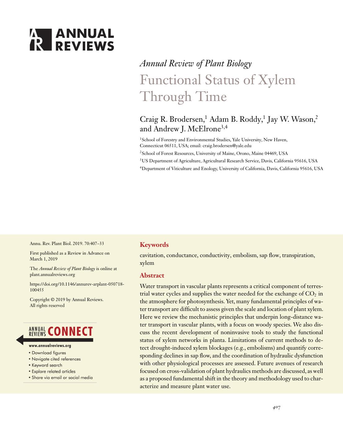 Functional Status of Xylem Through Time by Craig R. Brodersen Adam B. Roddy Jay W. Wason Andrew J. McElrone