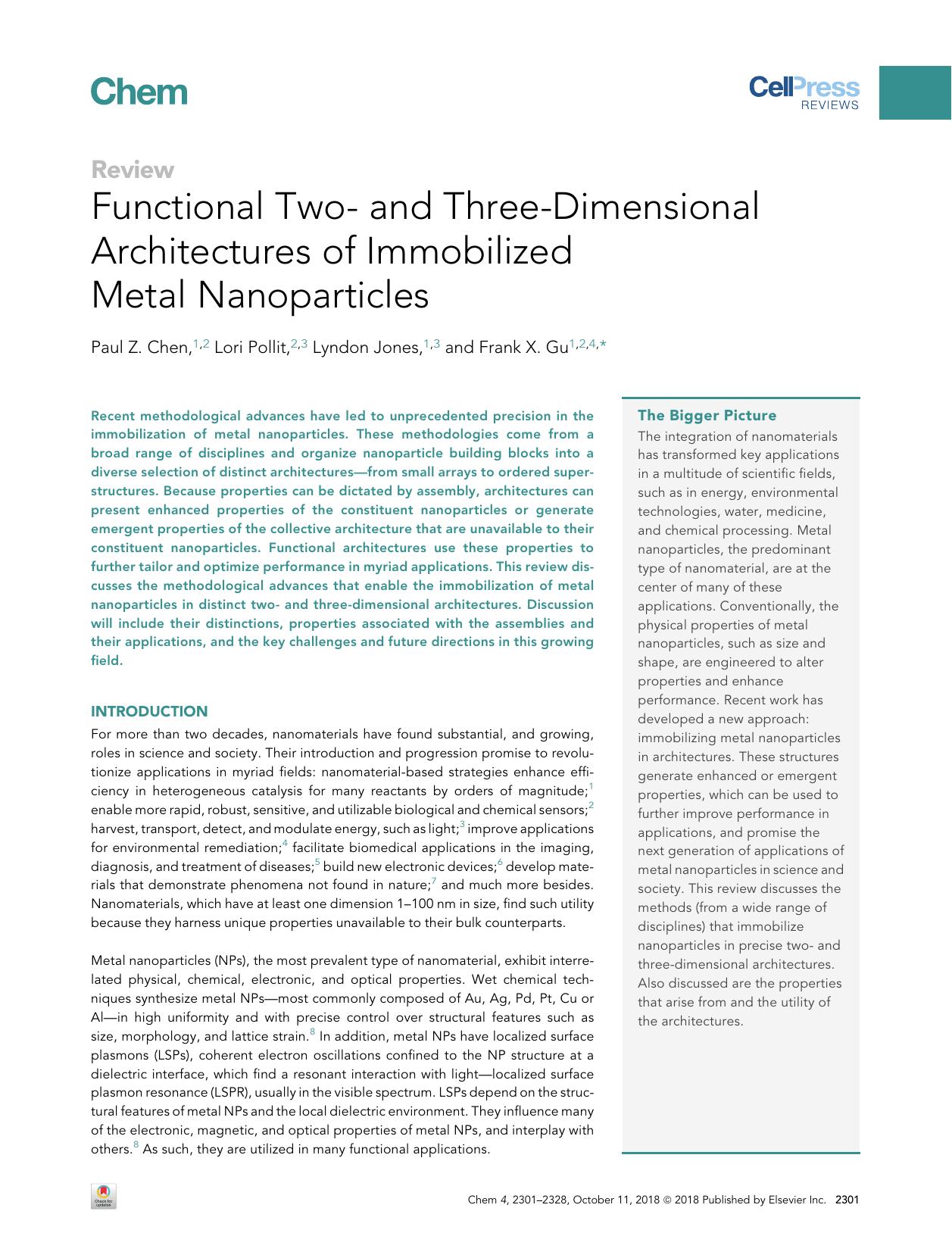 Functional Two- and Three-Dimensional Architectures of Immobilized Metal Nanoparticles by Paul Z. Chen