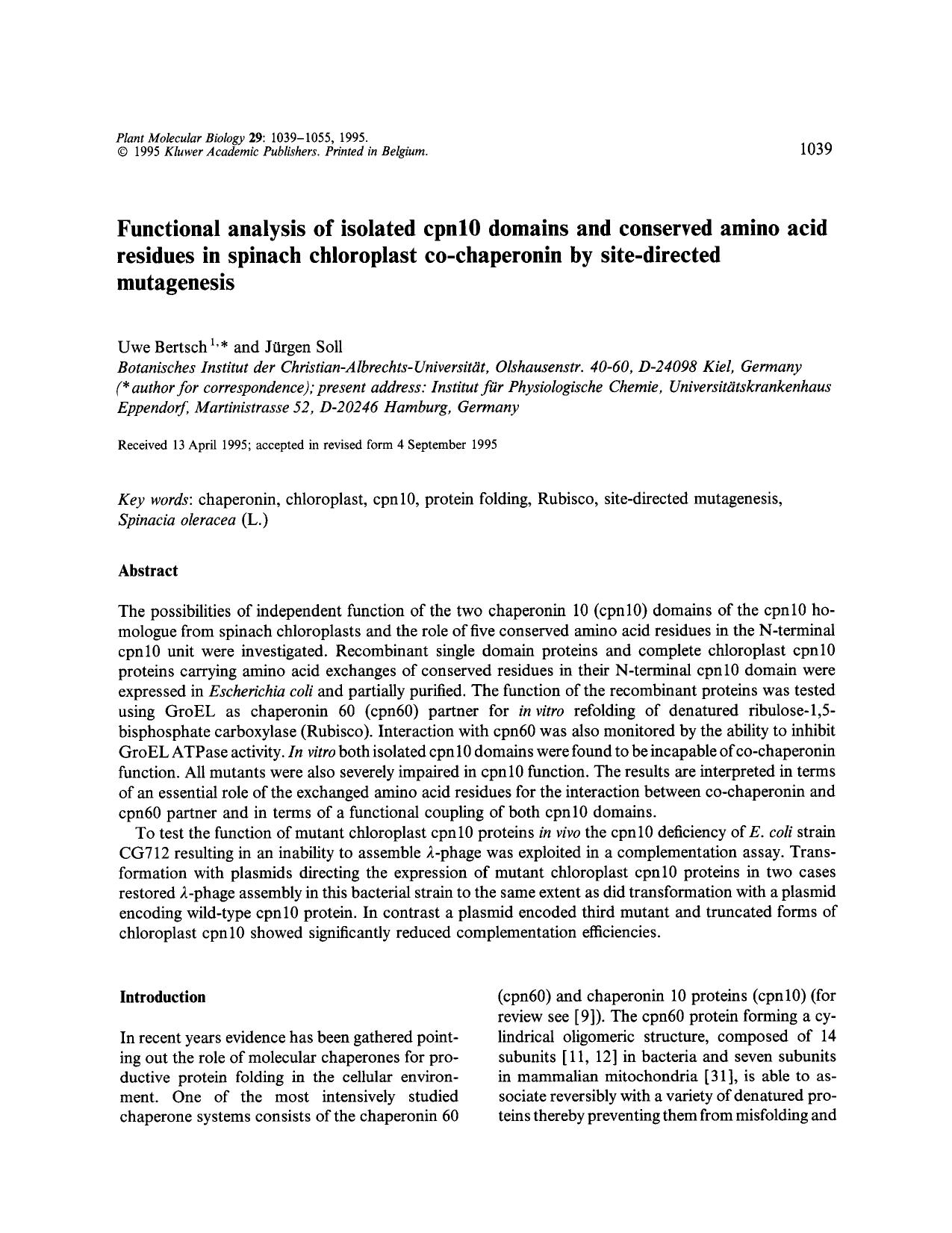 Functional analysis of isolated cpn10 domains and conserved amino acid residues in spinach chloroplast co-chaperonin by site-directed mutagenesis by Unknown