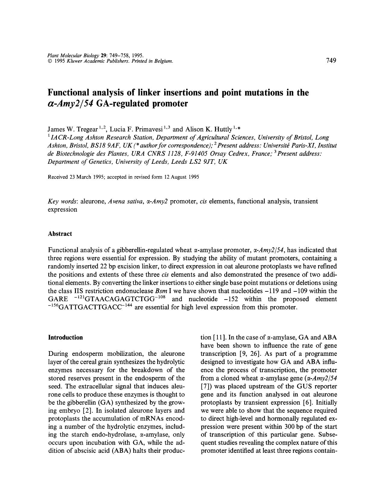 Functional analysis of linker insertions and point mutations in the &#x03B1;-<Emphasis Type="Italic">Amy254<Emphasis> GA-regulated promoter by Unknown
