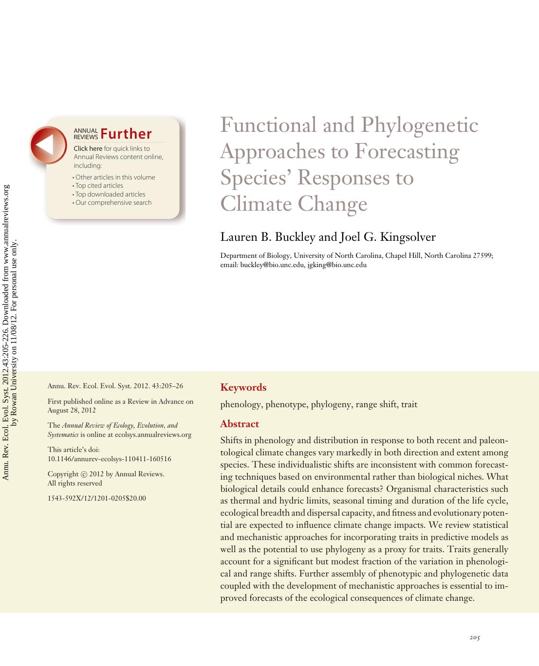 Functional and Phylogenetic Approaches to Forecasting Species' Responses to Climate Change by Lauren B. Buckley & Joel G. Kingsolver
