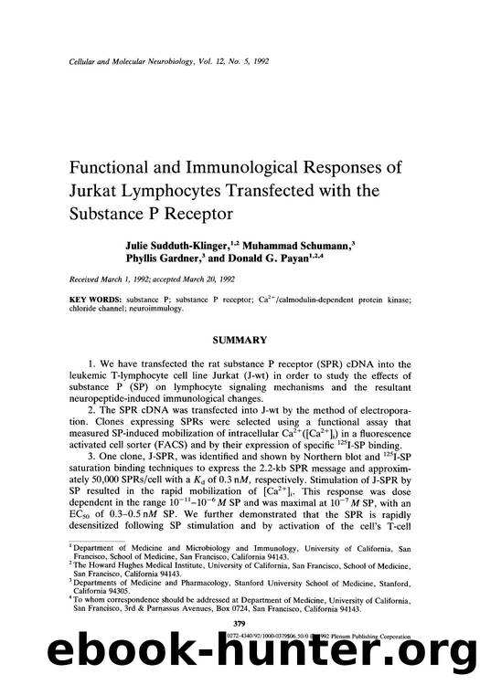 Functional and immunological responses of Jurkat lymphocytes transfected with the substance P receptor by Unknown