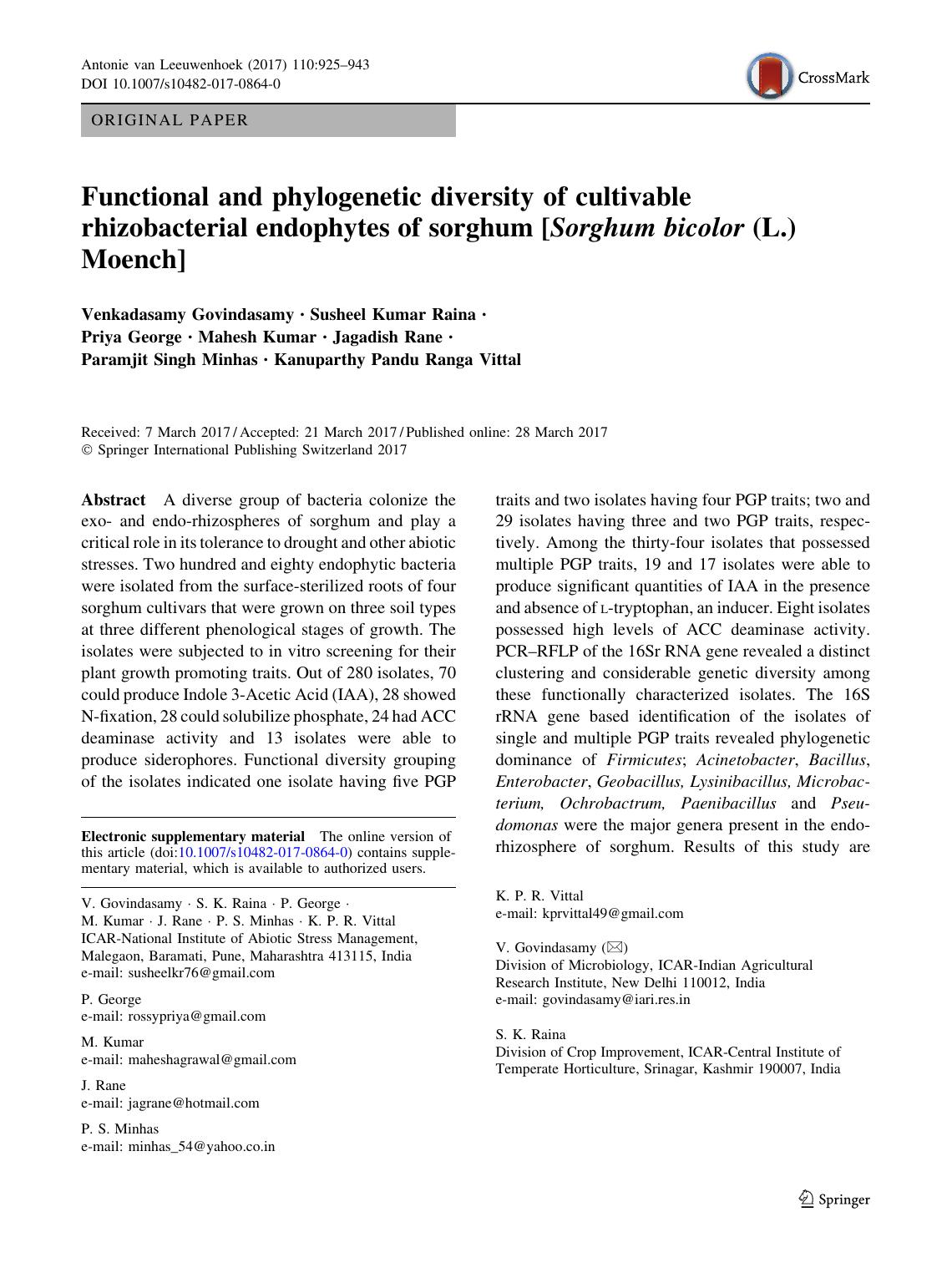 Functional and phylogenetic diversity of cultivable rhizobacterial endophytes of sorghum [Sorghum bicolor (L.) Moench] by unknow