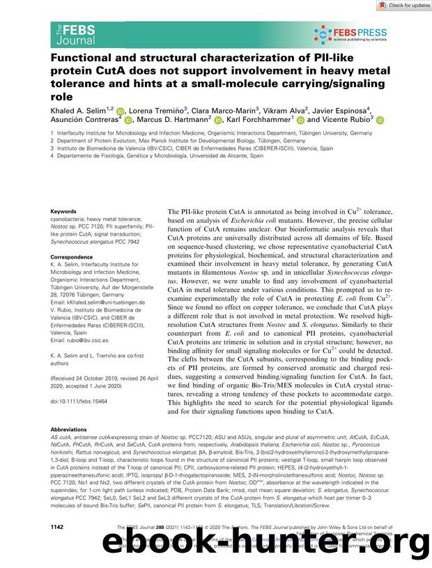 Functional and structural characterization of PIIâlike protein CutA does not support involvement in heavy metal tolerance and hints at a smallâmolecule carryingsignaling role by Unknown