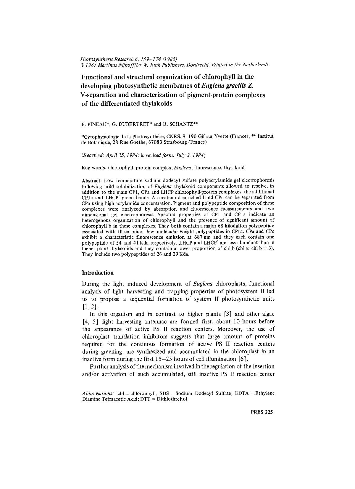 Functional and structural organization of chlorophyll in the developing photosynthetic membranes of <Emphasis Type="Italic">Euglena gracilis Z. <Emphasis> V-separation and charact by Unknown