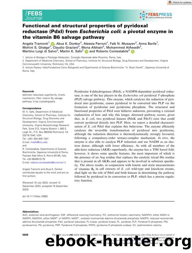 Functional and structural properties of pyridoxal reductase (PdxI) from Escherichia coli: a pivotal enzyme in the vitamin B6 salvage pathway by Unknown
