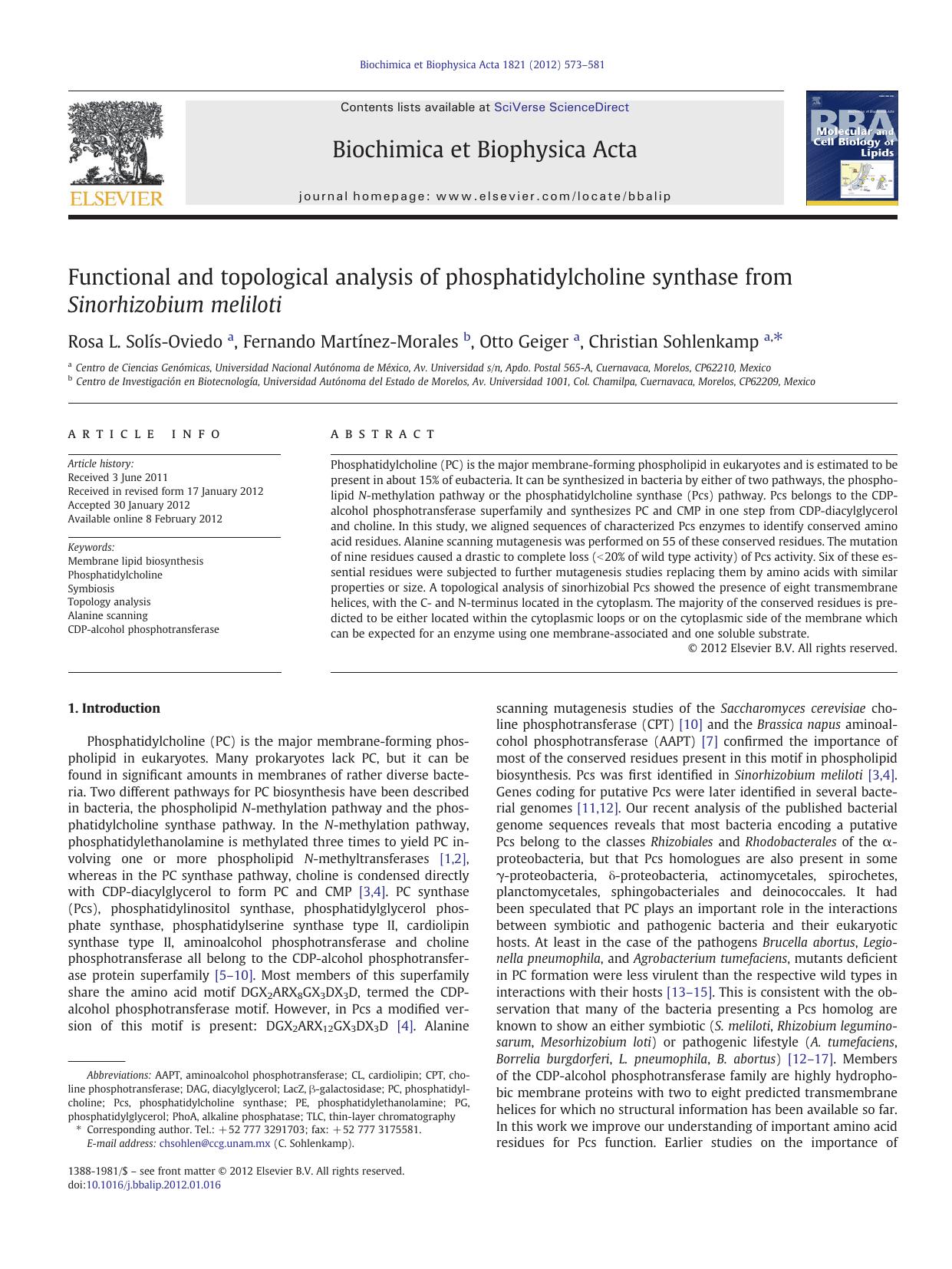 Functional and topological analysis of phosphatidylcholine synthase from Sinorhizobium meliloti by Rosa L. Solís-Oviedo & Fernando Martínez-Morales & Otto Geiger & Christian Sohlenkamp