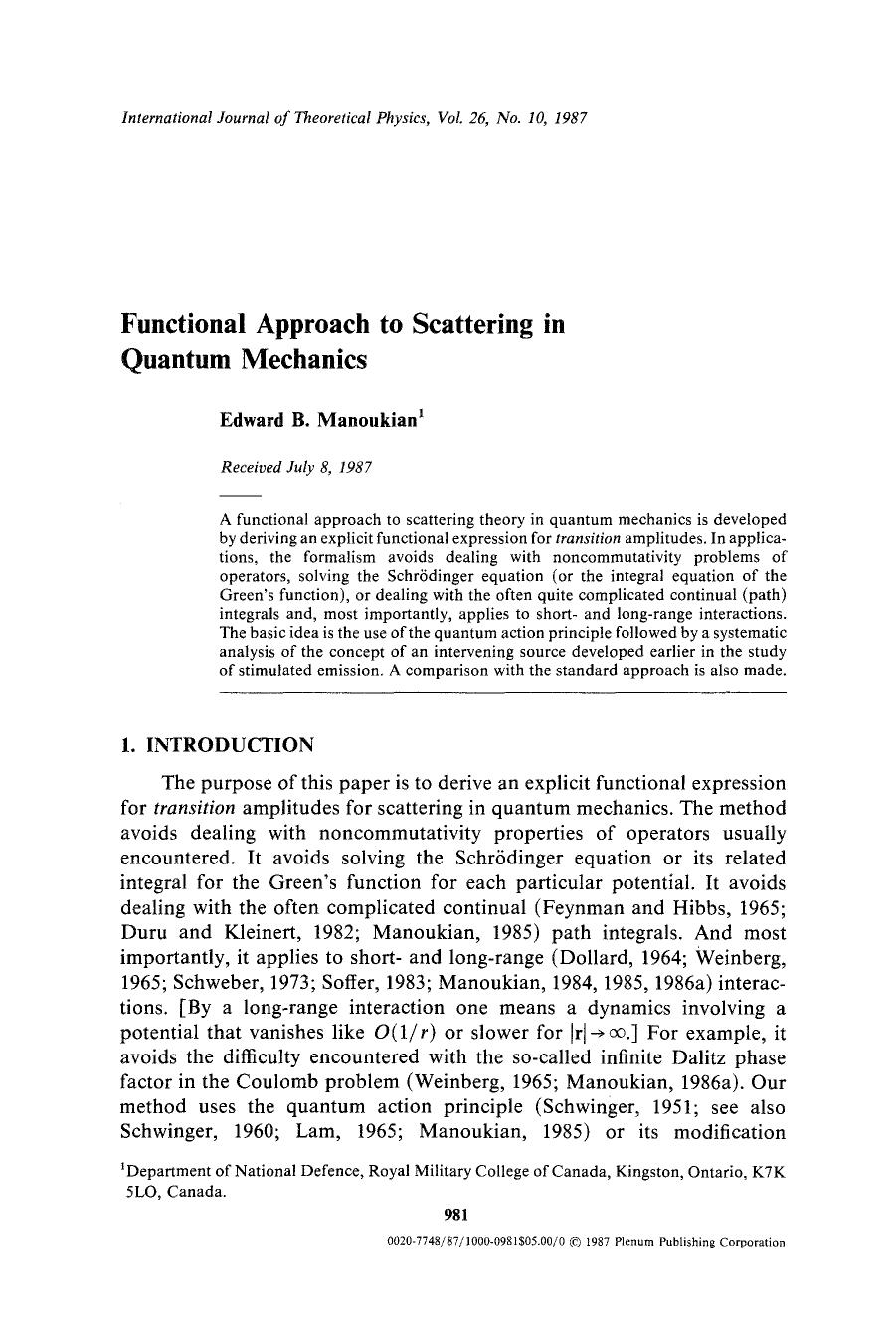 Functional approach to scattering in quantum mechanics by Unknown