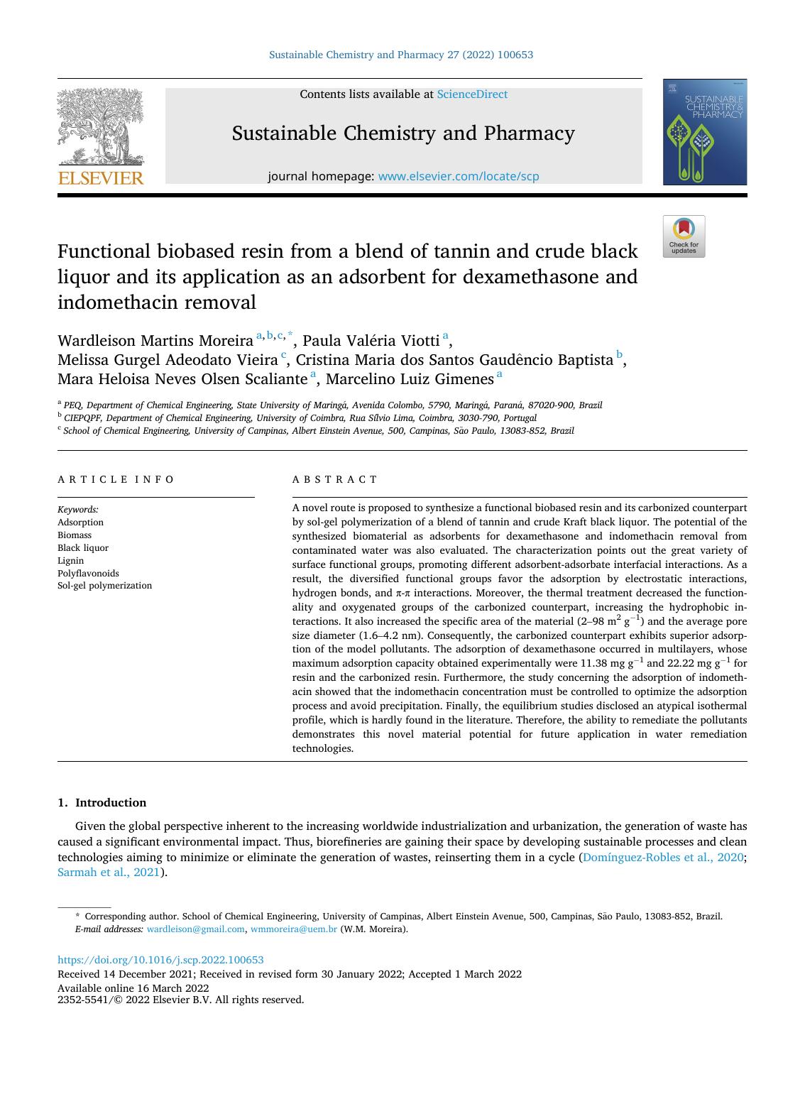 Functional biobased resin from a blend of tannin and crude black liquor and its application as an adsorbent for dexamethasone and indomethacin removal by unknow
