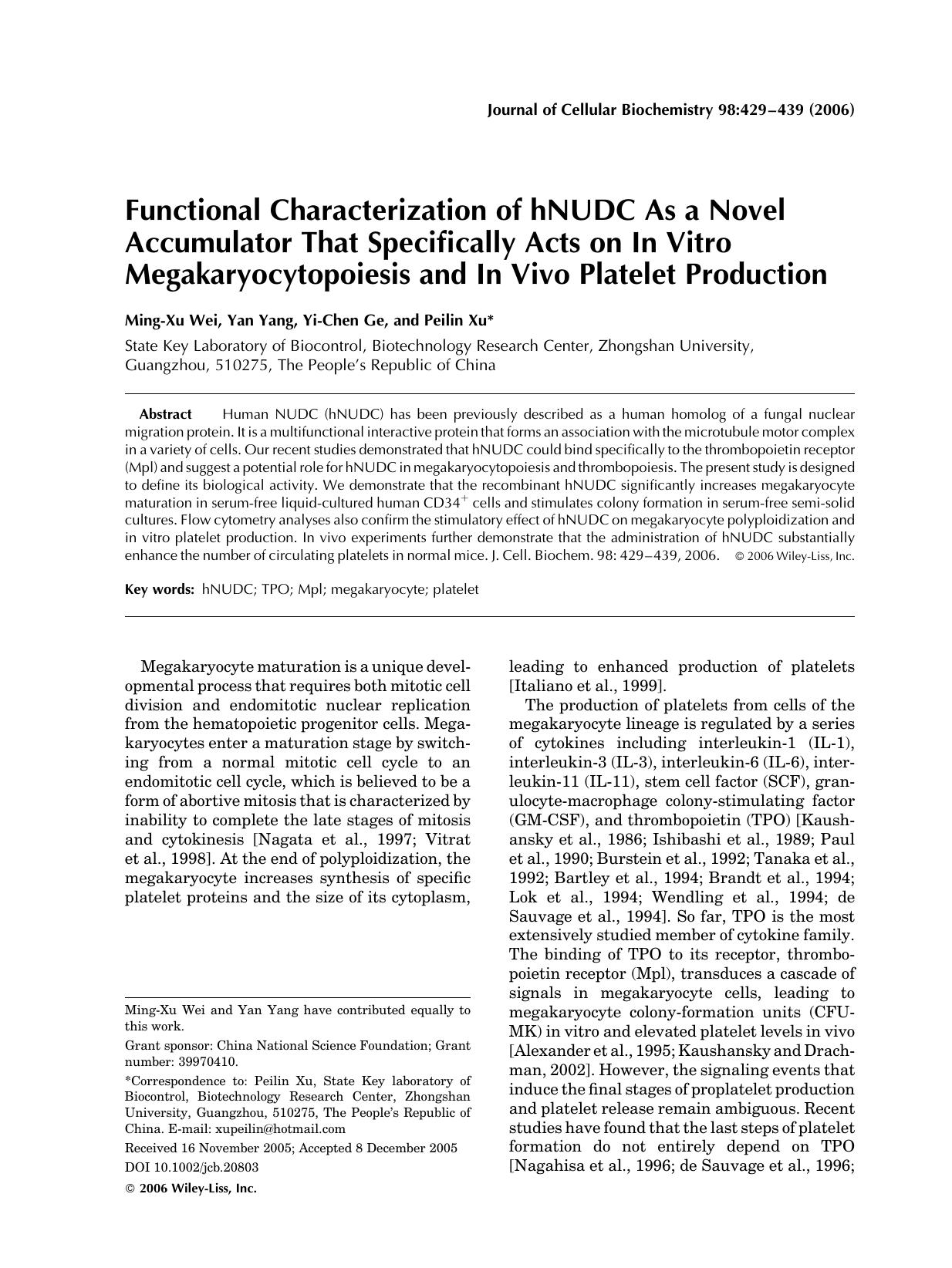 Functional characterization of hNUDC as a novel accumulator that specifically acts on in vitro megakaryocytopoiesis and in vivo platelet production by Unknown