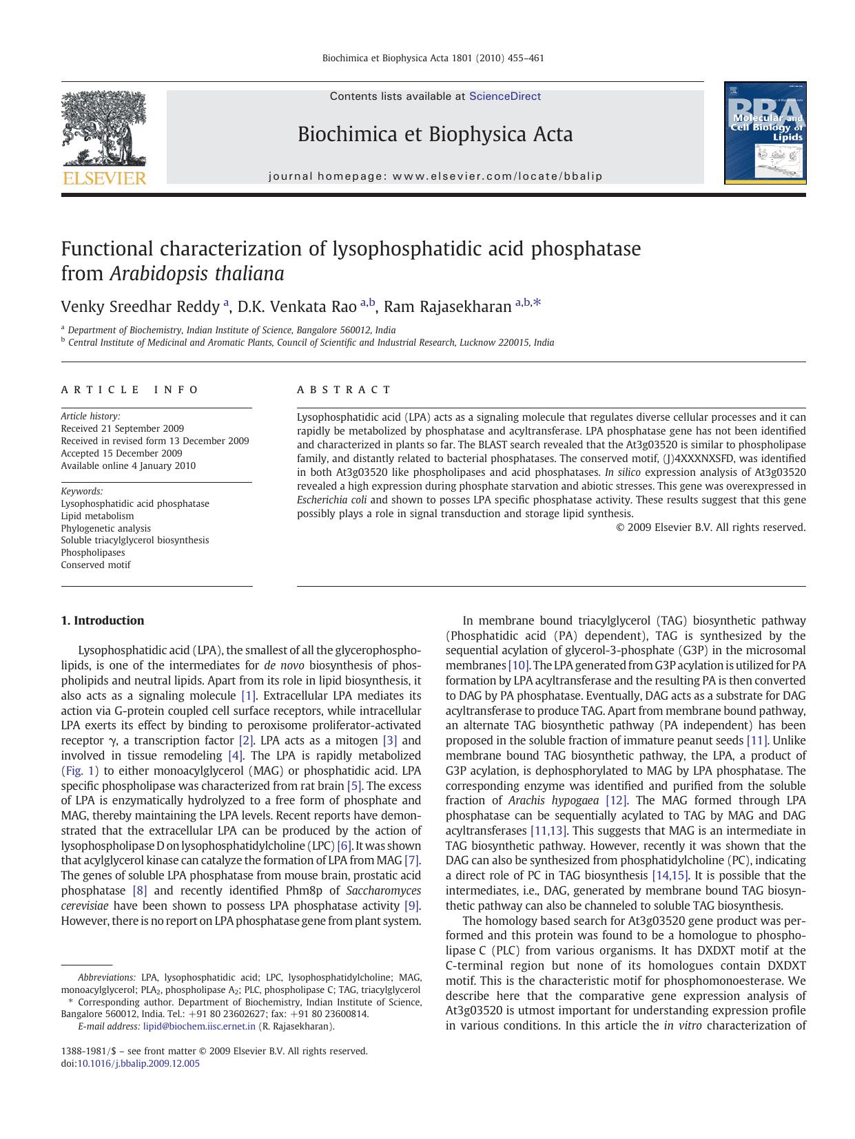 Functional characterization of lysophosphatidic acid phosphatase from Arabidopsis thaliana by Venky Sreedhar Reddy; D.K. Venkata Rao; Ram Rajasekharan