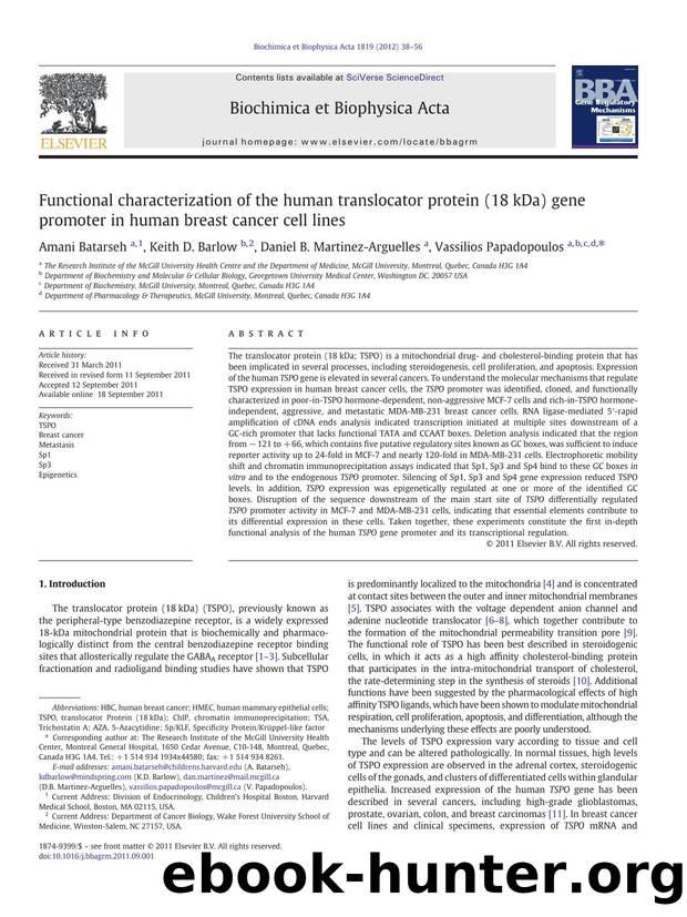 Functional characterization of the human translocator protein (18kDa) gene promoter in human breast cancer cell lines by Amani Batarseh & Keith D. Barlow & Daniel B. Martinez-Arguelles & Vassilios Papadopoulos