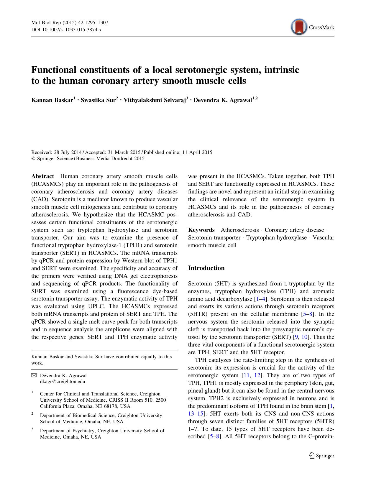 Functional constituents of a local serotonergic system, intrinsic to the human coronary artery smooth muscle cells by Kannan Baskar & Swastika Sur & Vithyalakshmi Selvaraj & Devendra K. Agrawal
