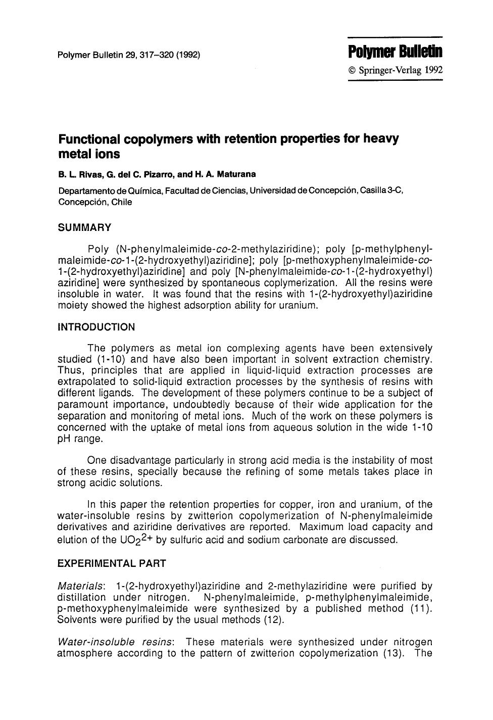 Functional copolymers with retention properties for heavy metal ions by Unknown