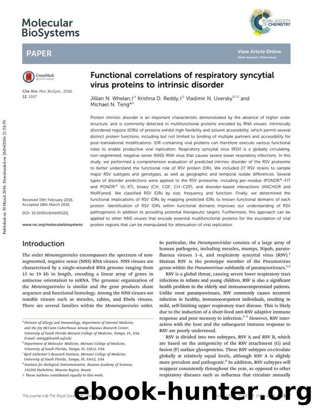 Functional correlations of respiratory syncytial virus proteins to intrinsic disorder by Jillian N. Whelan & Krishna D. Reddy & Vladimir N. Uversky & Michael N. Teng