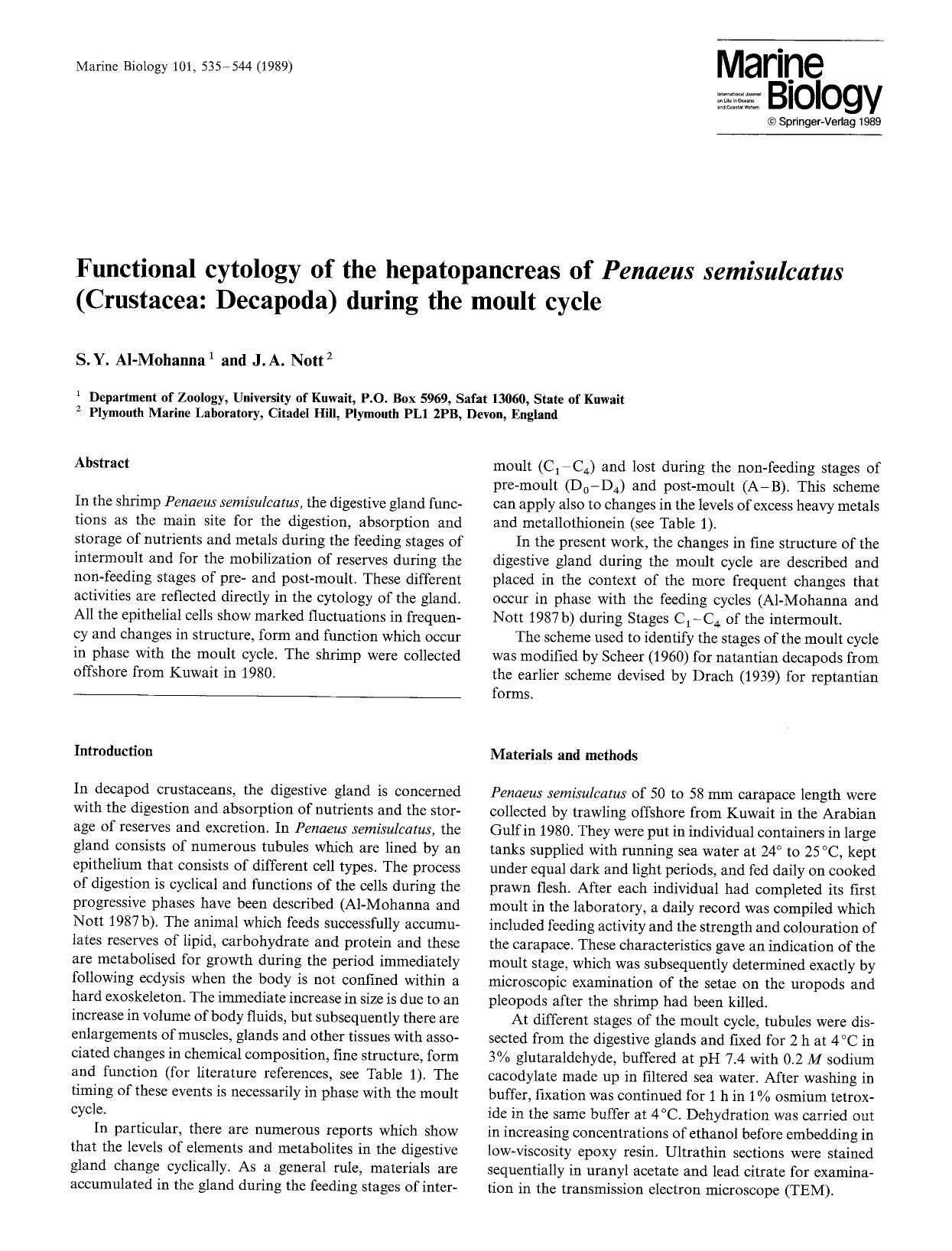 Functional cytology of the hepatopancreas of <Emphasis Type="Italic">Penaeus semisulcatus<Emphasis> (Crustacea: Decapoda) during the moult cycle by Unknown