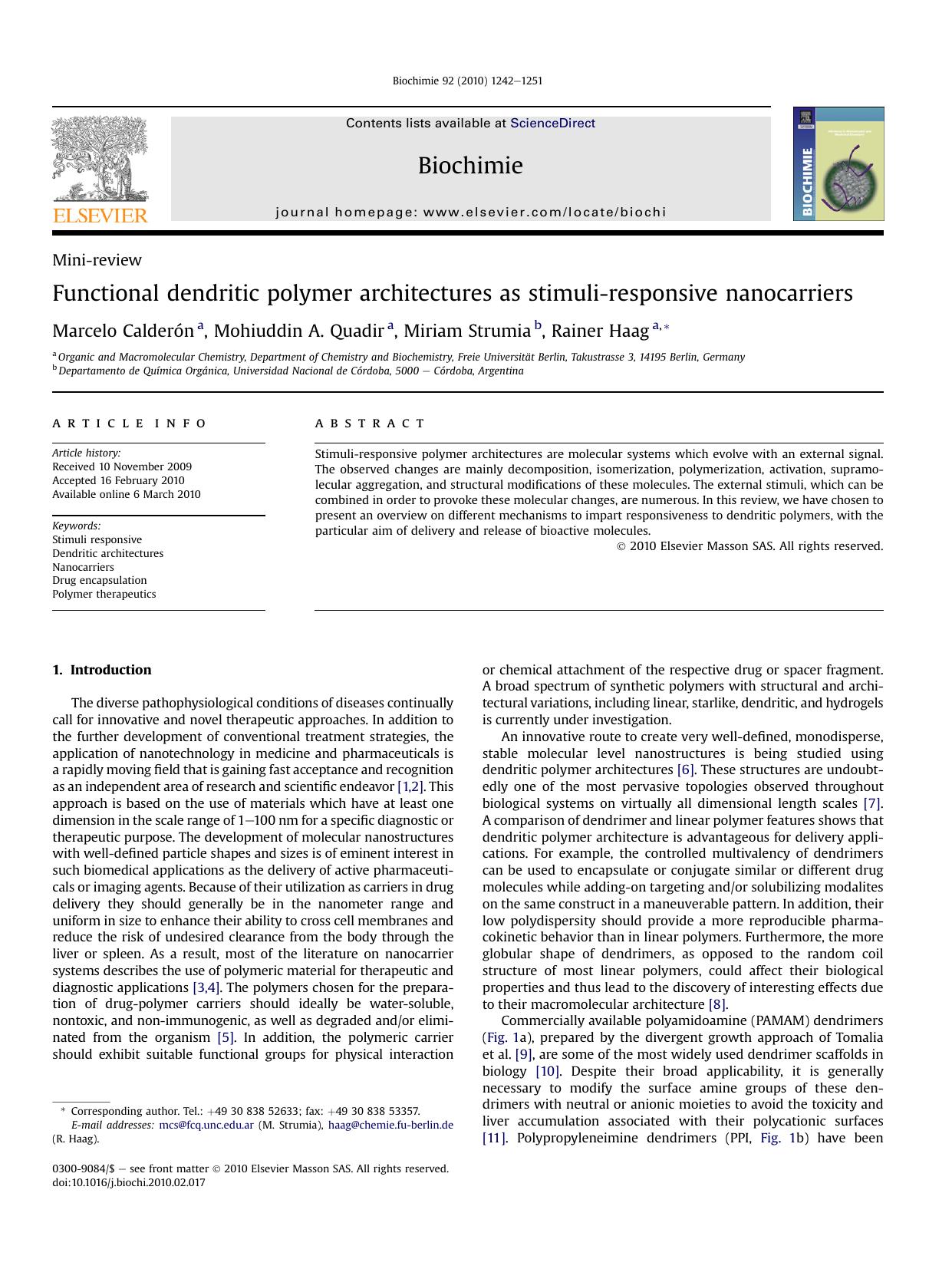 Functional dendritic polymer architectures as stimuli-responsive nanocarriers by Marcelo Calderón & Mohiuddin A. Quadir & Miriam Strumia & Rainer Haag