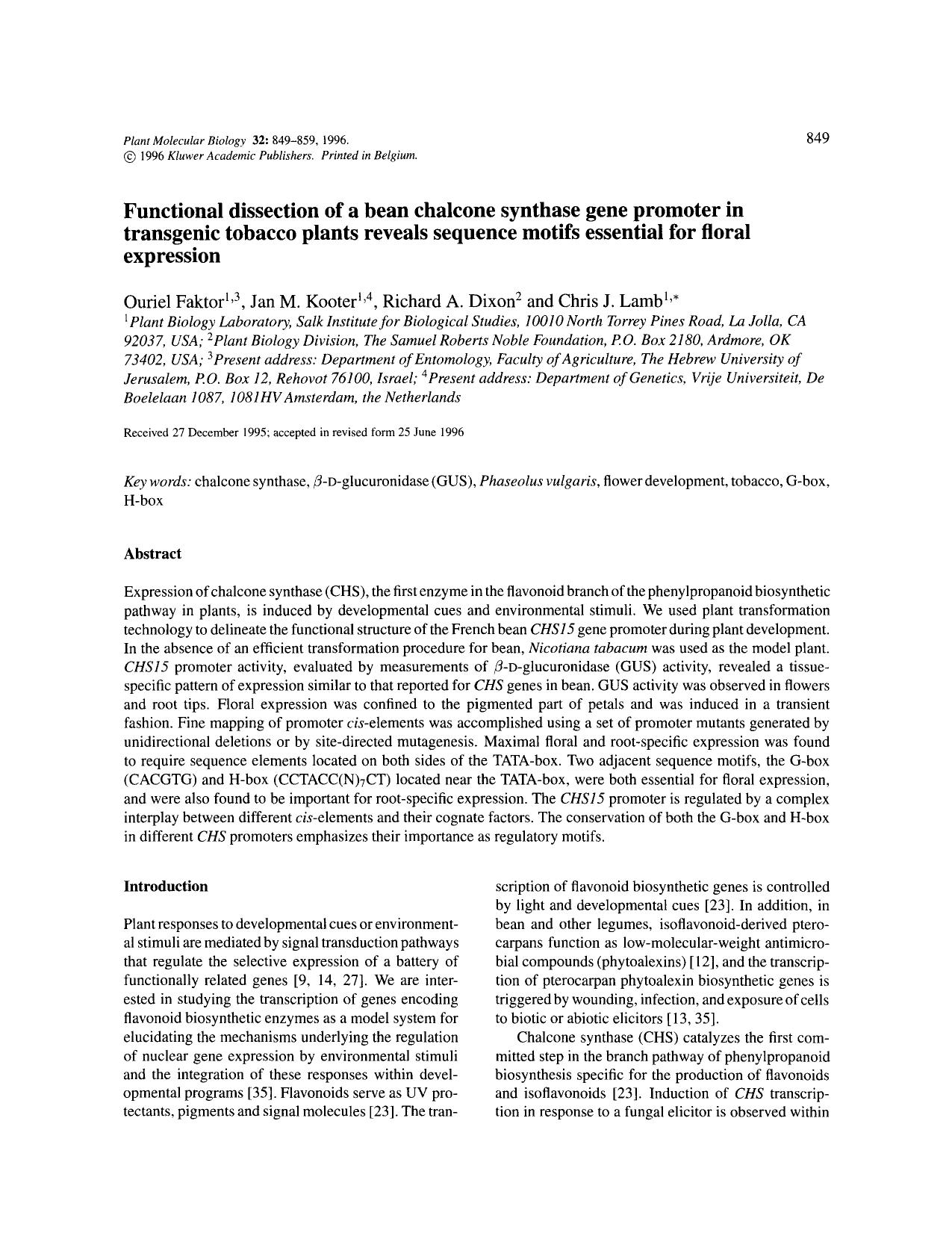 Functional dissection of a bean chalcone synthase gene promoter in transgenic tobacco plants reveals sequence motifs essential for floral expression by Unknown