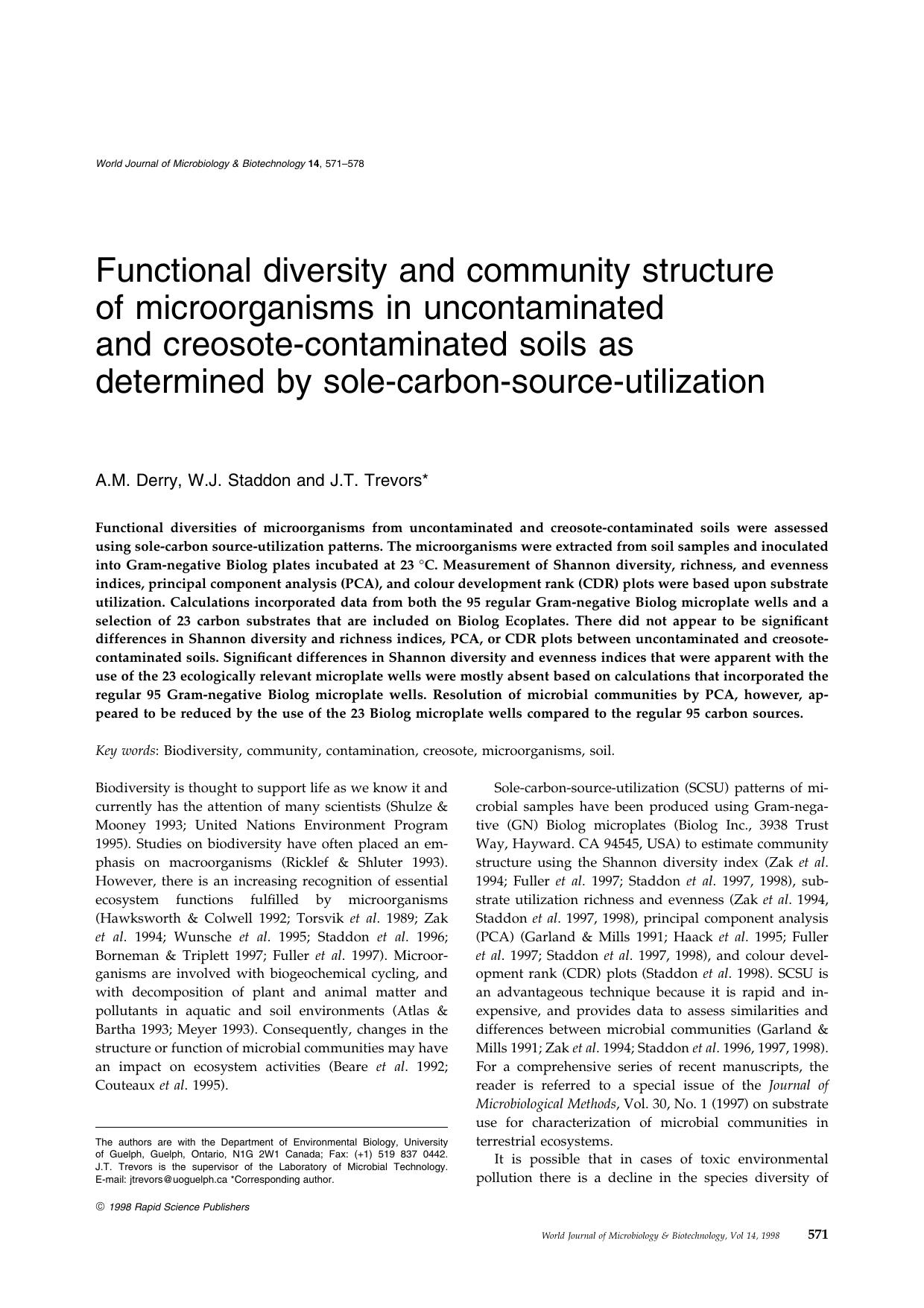 Functional diversity and community structure of microorganisms in uncontaminated and creosote-contaminated soils as determined by sole-carbon-source-utilization by Unknown
