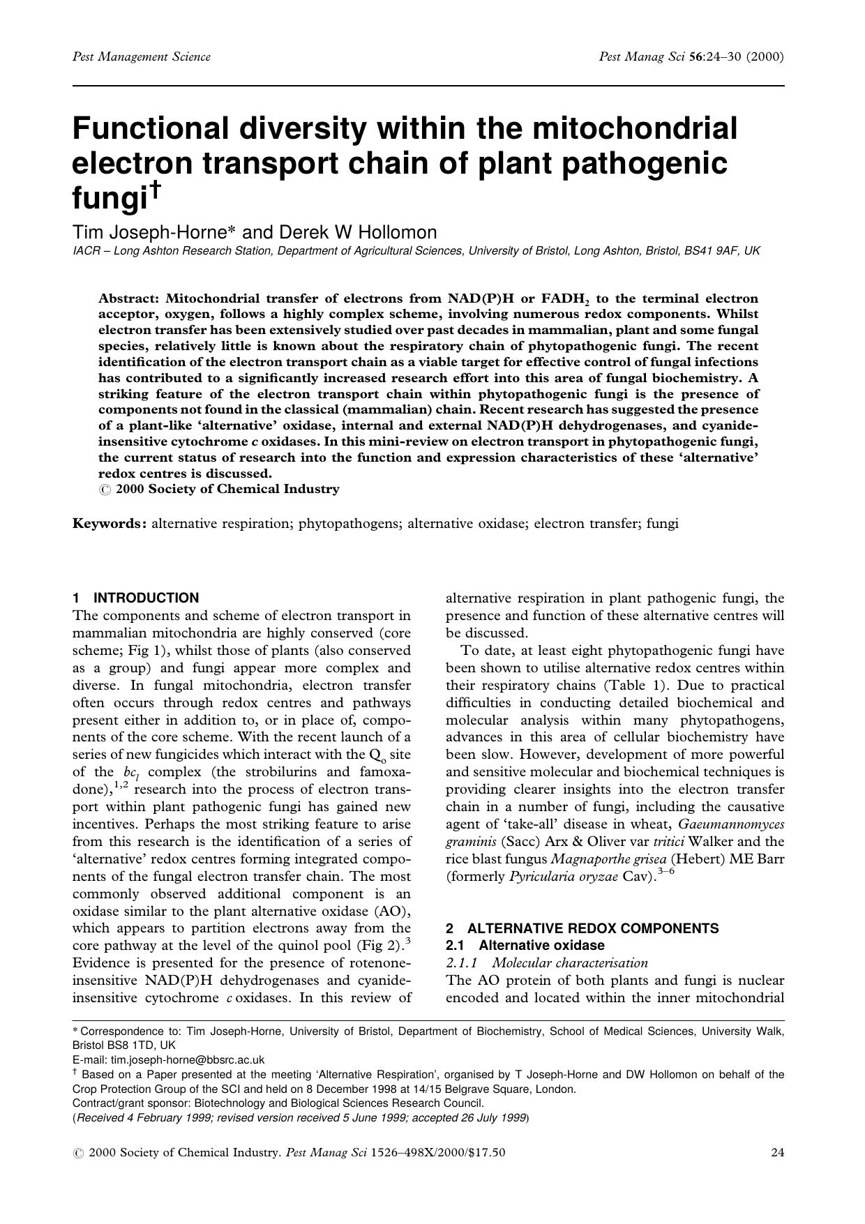 Functional diversity within the mitochondrial electron transport chain of plant pathogenic fungi by Unknown