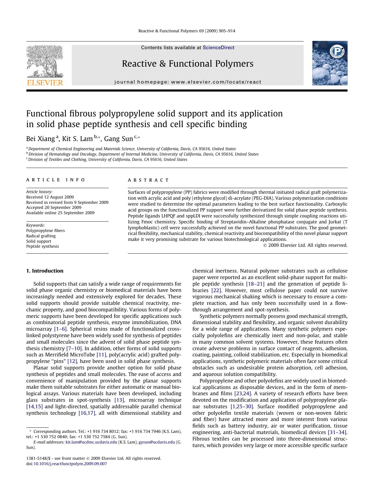Functional fibrous polypropylene solid support and its application in solid phase peptide synthesis and cell specific binding by Bei Xiang; Kit S. Lam; Gang Sun