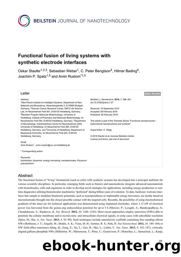 Functional fusion of living systems with synthetic electrode interfaces by Oskar Staufer Sebastian Weber C. Peter Bengtson Hilmar Bading Joachim P. Spatz Amin Rustom