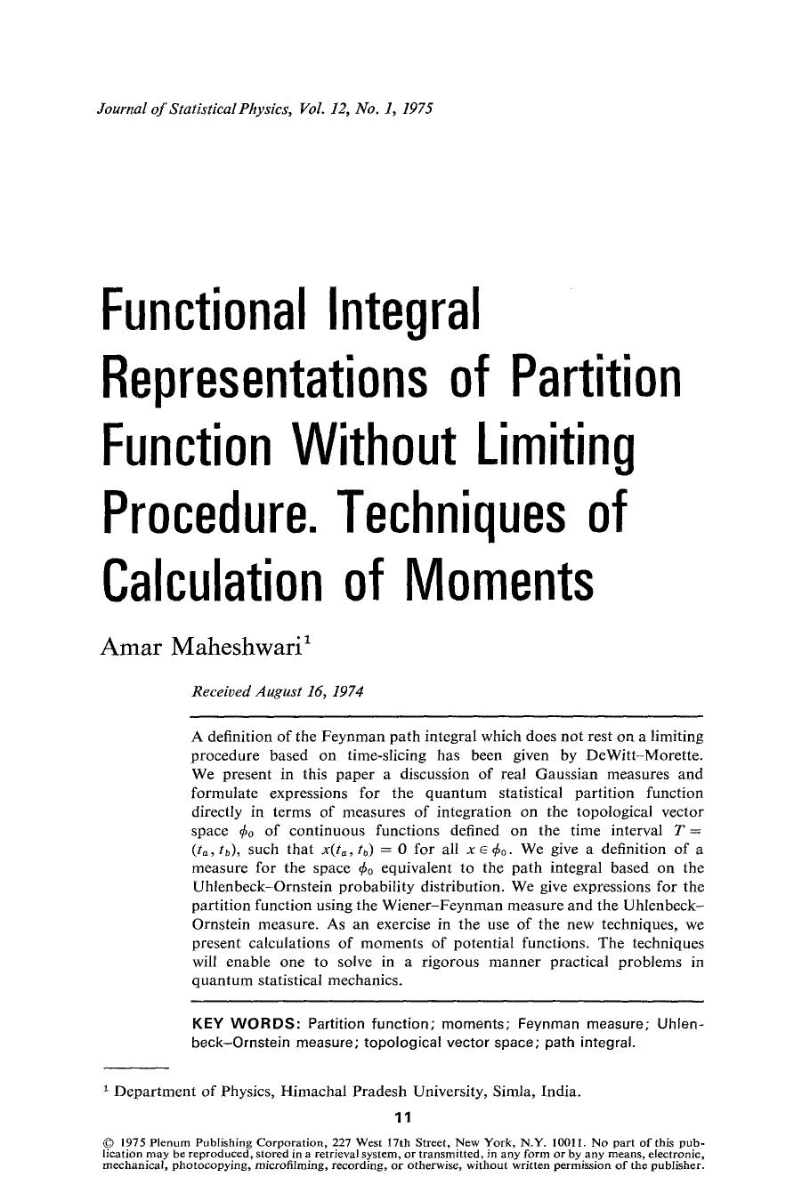 Functional integral representations of partition function without limiting procedure. Techniques of calculation of moments by Unknown