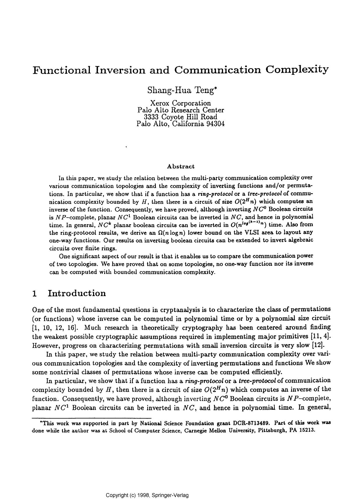 Functional inversion and communication complexity by Teng S. H