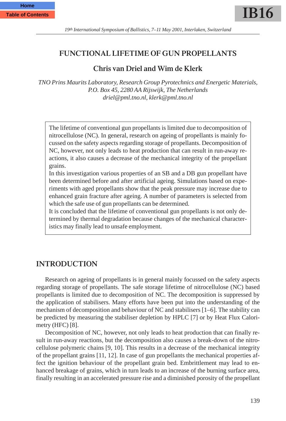 Functional lifetime of gun propellants by Driel Chris van Klerk Wim de