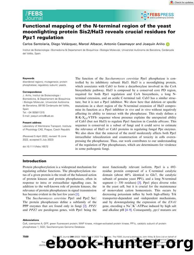 Functional mapping of the Nâterminal region of the yeast moonlighting protein Sis2Hal3 reveals crucial residues for Ppz1 regulation by Unknown