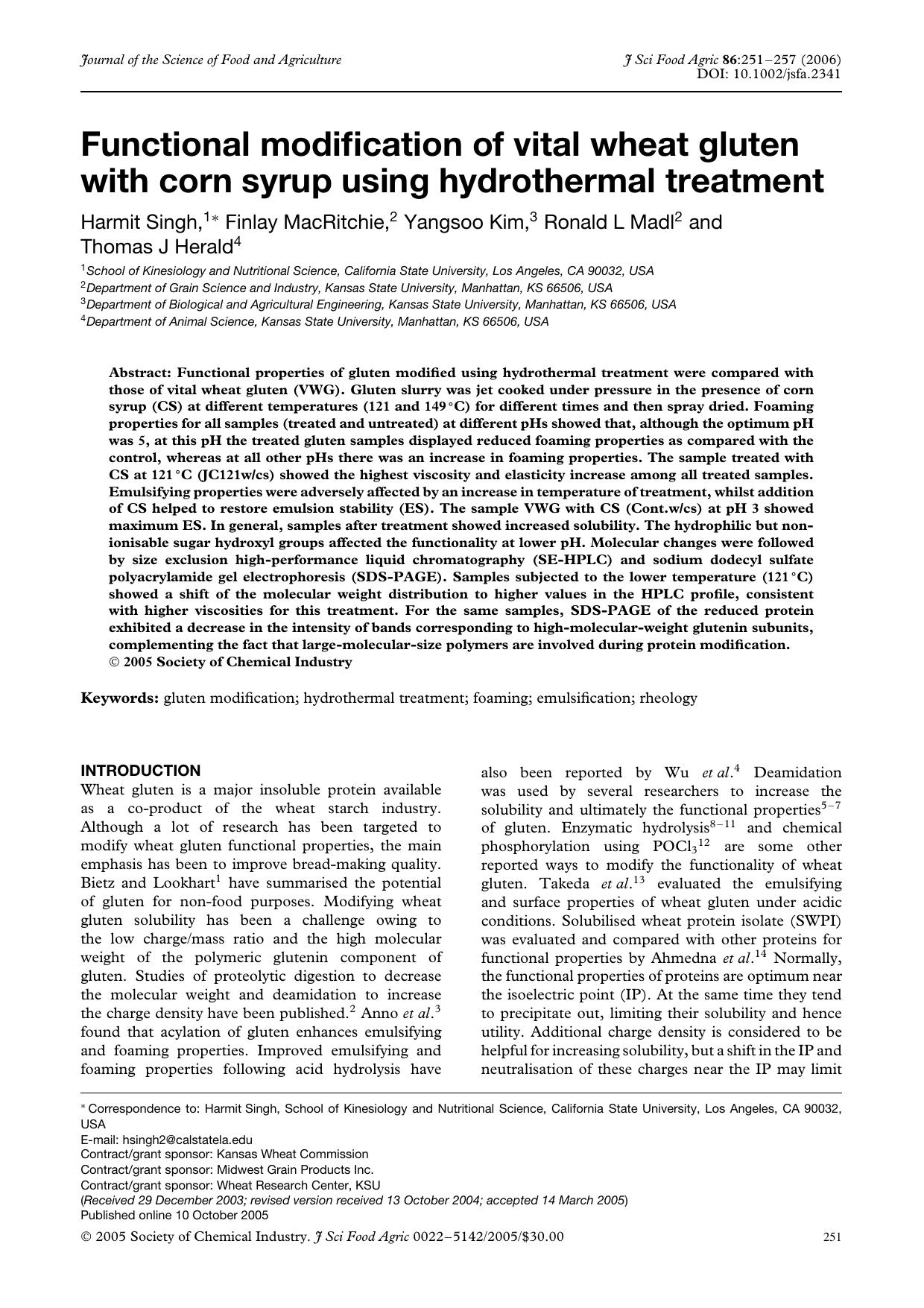 Functional modification of vital wheat gluten with corn syrup using hydrothermal treatment by Unknown