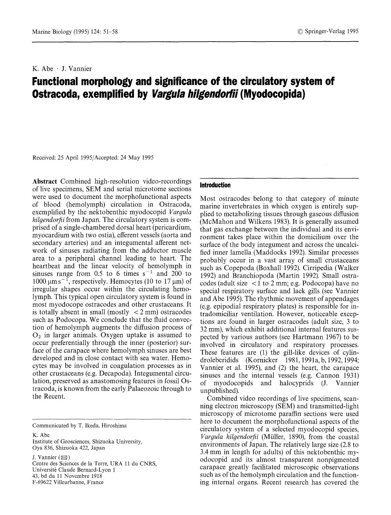Functional morphology and significance of the circulatory system of Ostracoda, exemplified by <Emphasis Type="Italic">Vargula hilgendorfii<Emphasis> (Myodocopida) by Unknown