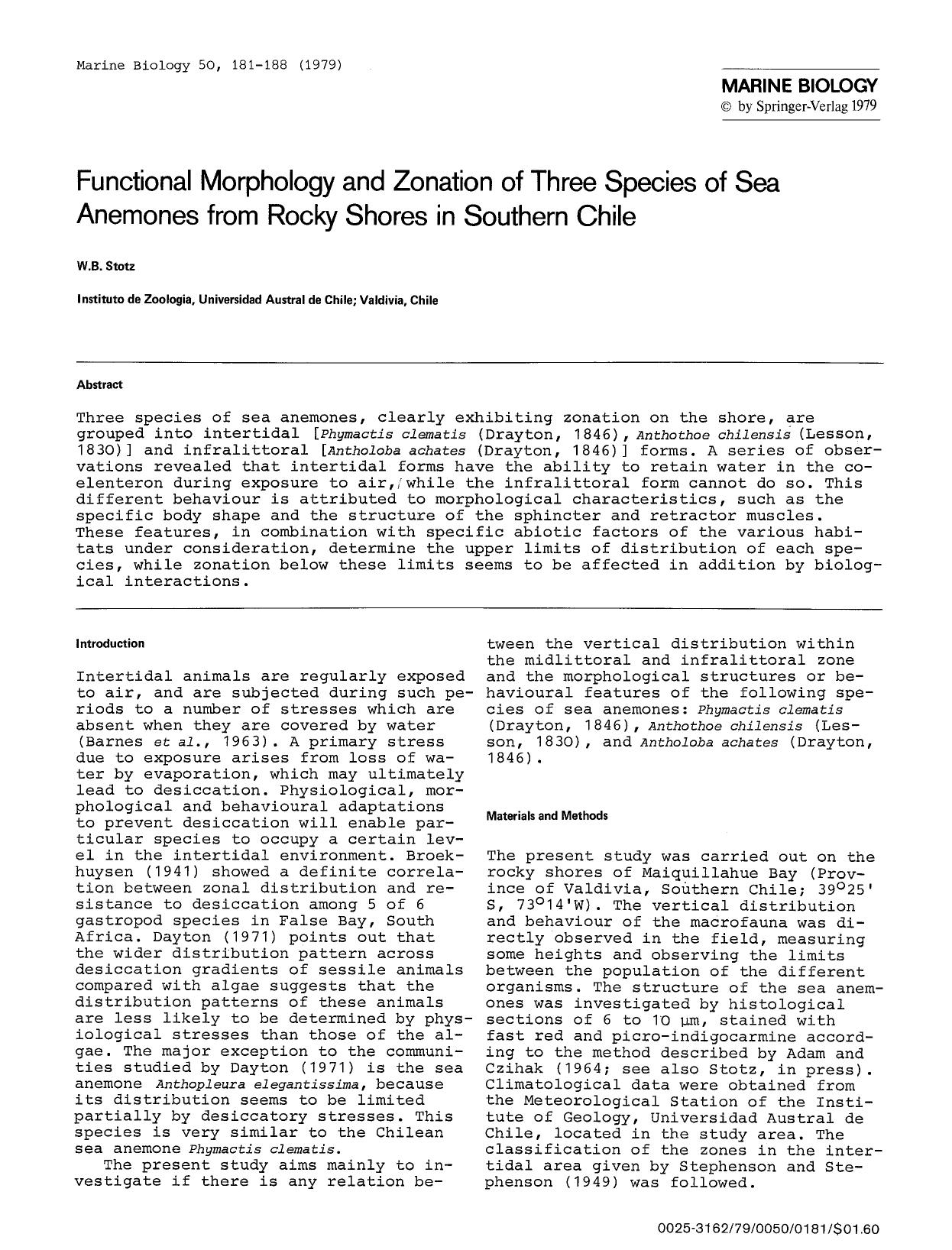 Functional morphology and zonation of three species of sea anemones from rocky shores in southern Chile by Unknown