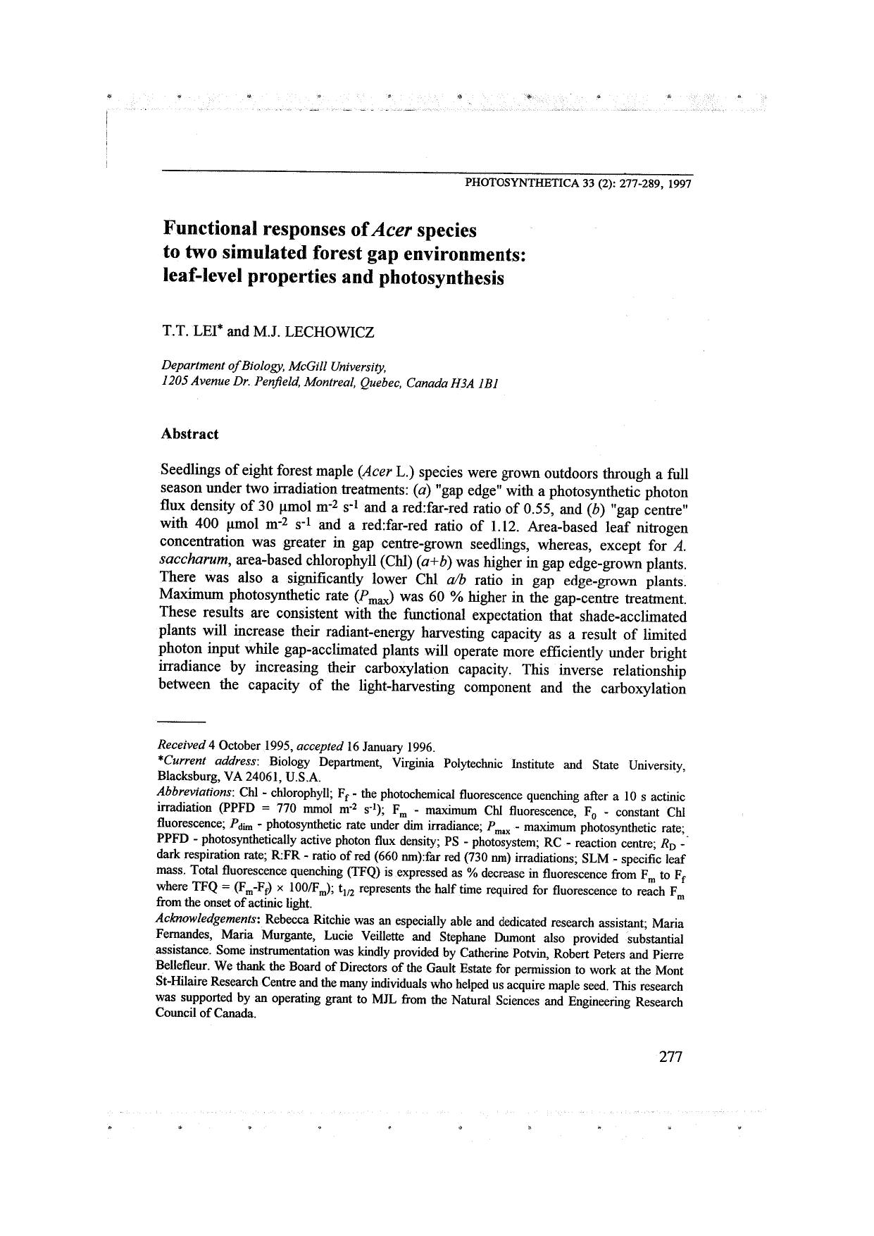 Functional responses of Acer species to two simulated forest gap environments: leaf-level properties and photosynthesis by Unknown