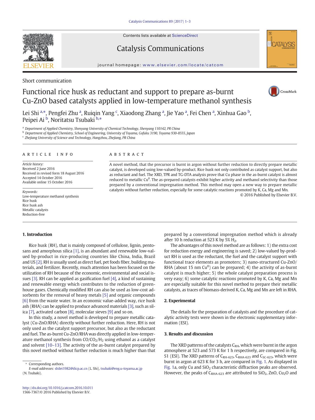 Functional rice husk as reductant and support to prepare as-burnt Cu-ZnO based catalysts applied in low-temperature methanol synthesis by unknow