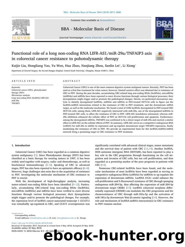 Functional role of a long non-coding RNA LIFR-AS1miR-29aTNFAIP3 axis in colorectal cancer resistance to pohotodynamic therapy by Kuijie Liu & Hongliang Yao & Yu Wen & Hua Zhao & Nanjiang Zhou & Sanlin Lei & Li Xiong