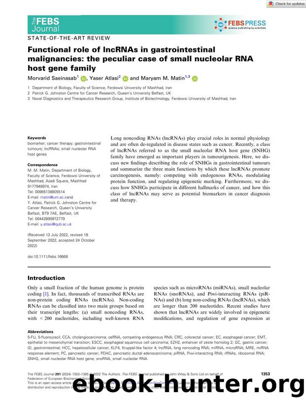 Functional role of lncRNAs in gastrointestinal malignancies: the peculiar case of small nucleolar RNA host gene family by Unknown