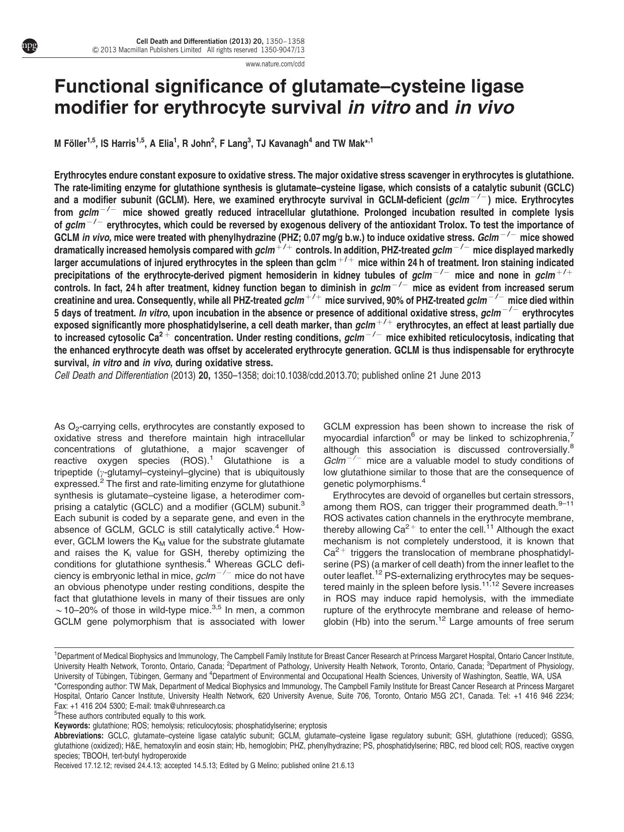 Functional significance of glutamate&ndash;cysteine ligase modifier for erythrocyte survival in vitro and in vivo by M F&&ouml;ller & I S Harris & A Elia & R John & F Lang & T J Kavanagh & T W Mak