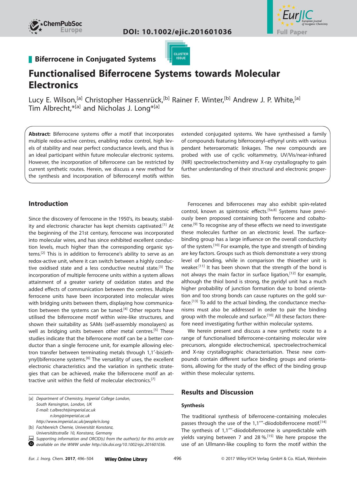 Functionalised Biferrocene Systems towards Molecular Electronics by Unknown