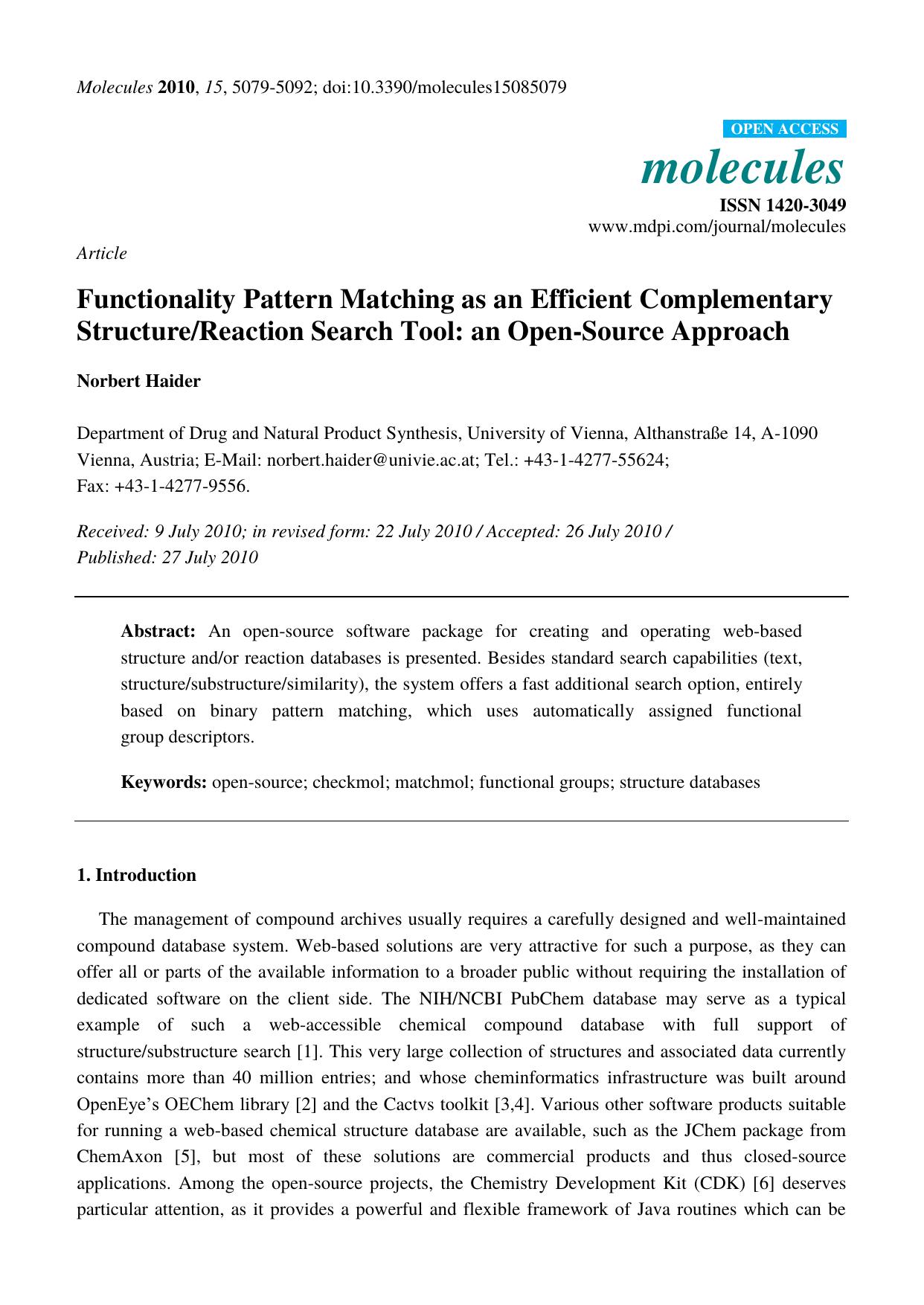 Functionality Pattern Matching as an Efficient Complementary StructureReaction Search Tool: an Open-Source Approach by Norbert Haider