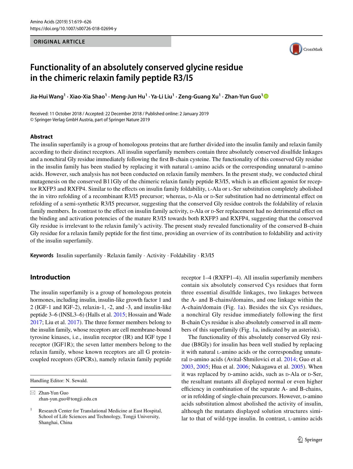 Functionality of an absolutely conserved glycine residue in the chimeric relaxin family peptide R3I5 by Jia-Hui Wang & Xiao-Xia Shao & Meng-Jun Hu & Ya-Li Liu & Zeng-Guang Xu & Zhan-Yun Guo