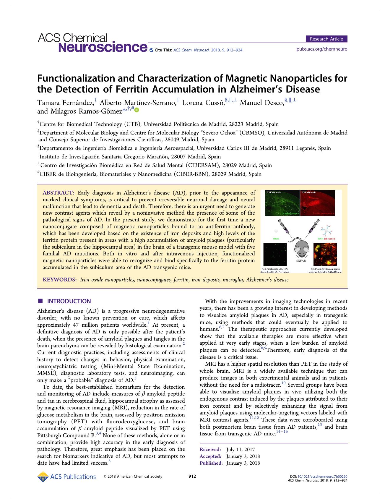 Functionalization and Characterization of Magnetic Nanoparticles for the Detection of Ferritin Accumulation in Alzheimerâs Disease by Tamara Fernández Alberto Martínez-Serrano Lorena Cussó Manuel Desco and Milagros Ramos-Gómez
